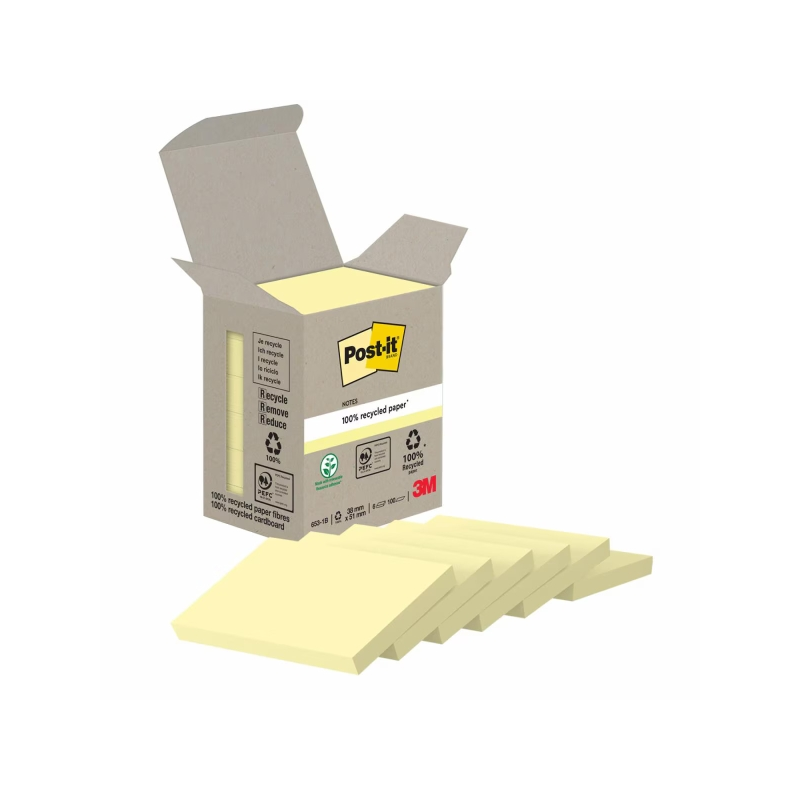Post-It Pack de 6 blocs de 100 notes autocollantes recyclées - Forme rectangulaire - 51 x 38 mm - Jaune clair