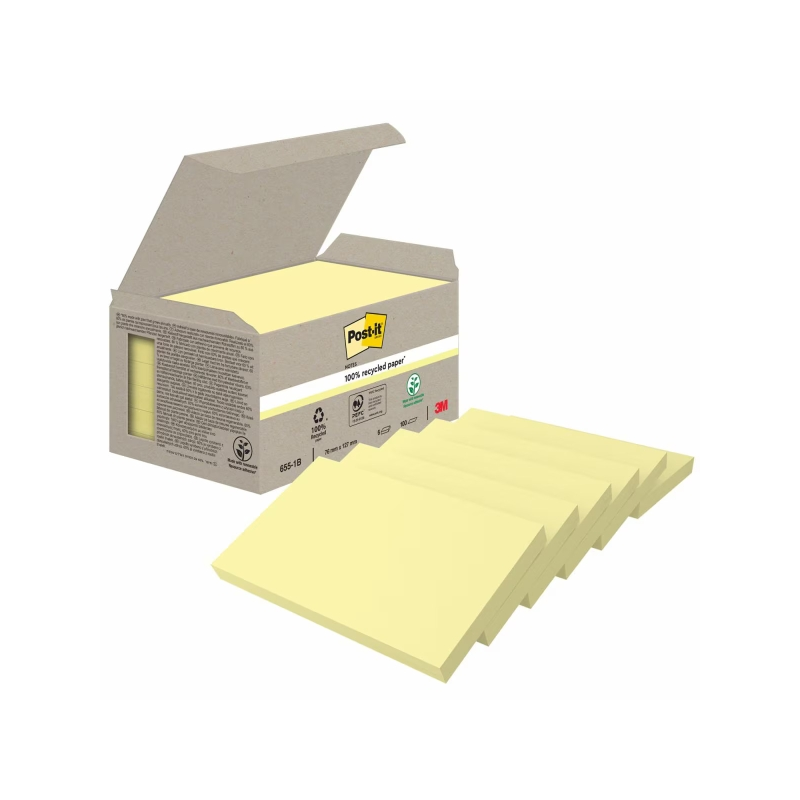 Post-It Pack de 6 blocs de 100 notes autocollantes recyclées - Forme rectangulaire - 76 x 127 mm - Jaune clair