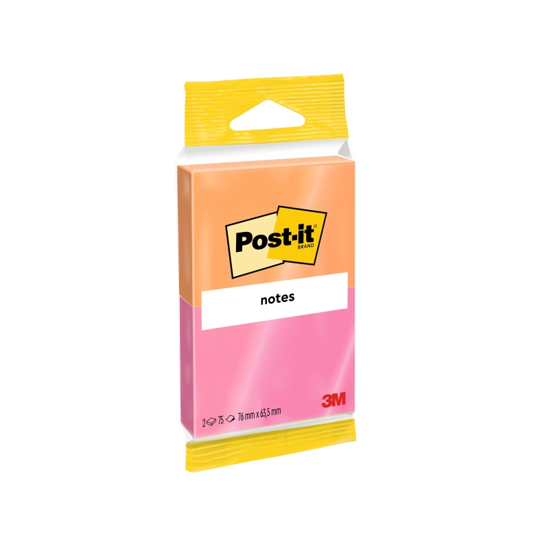 Lot de 2 blocs de 75 notes autocollantes repositionnables Post-It - Forme rectangulaire - 76 x 63,5 mm - Couleurs assorties