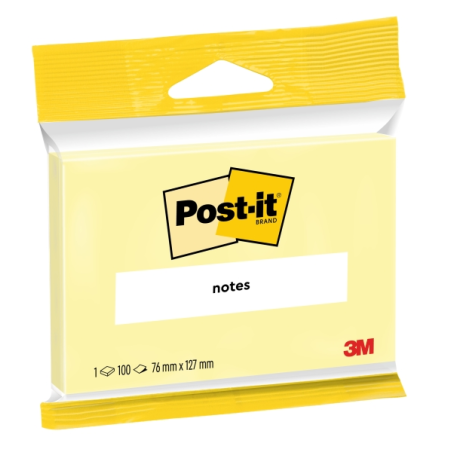 Bloc-notes Post-It de 100 notes autocollantes repositionnables - 76 x 127 mm - 100 % PEFC - Jaune clair