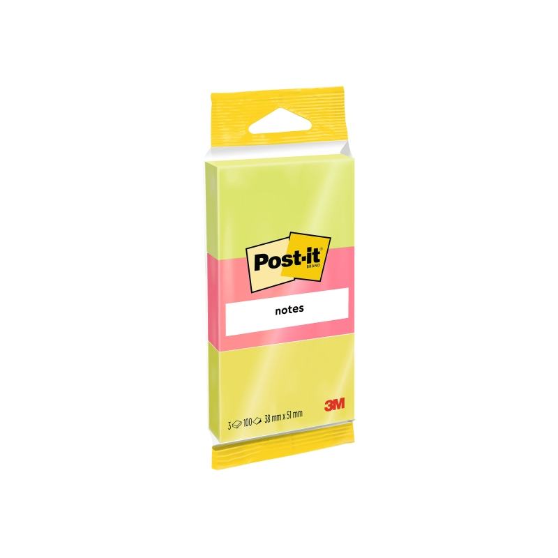 Lot de 3 blocs de 100 notes autocollantes repositionnables Post-It - Forme rectangulaire - 38 x 51 mm - Couleurs assorties