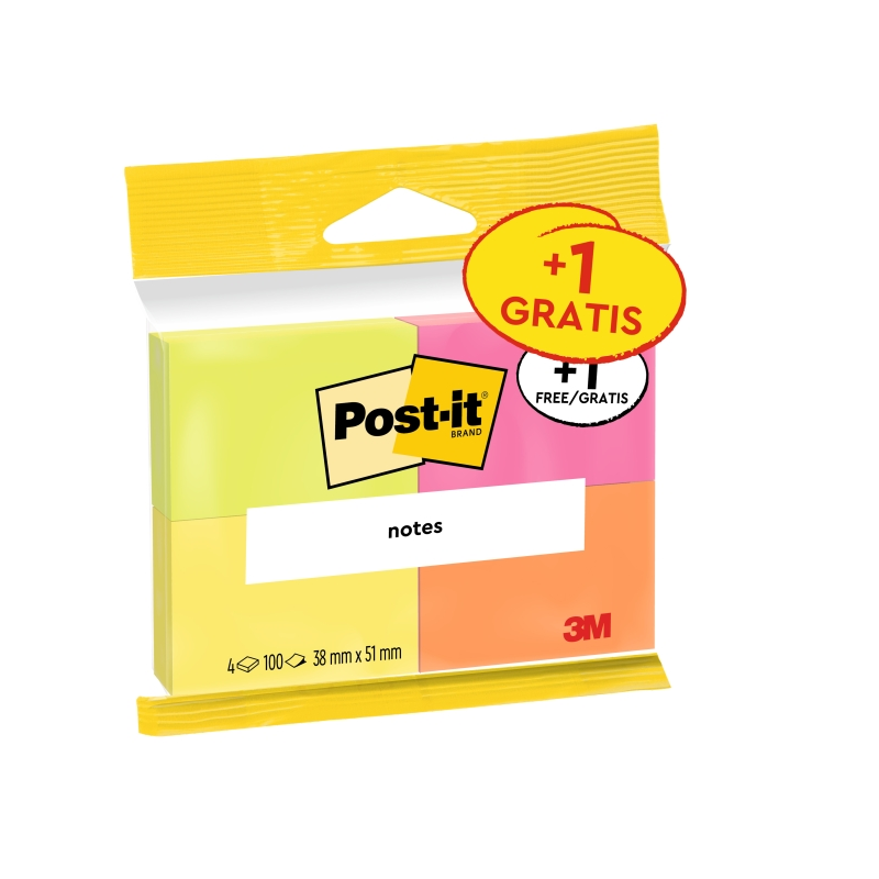 Pack de 4 blocs de 100 notes autocollantes repositionnables Post-It - Couleurs fluo - 38 x 51 mm - Promotion 3 blocs + 1 offert