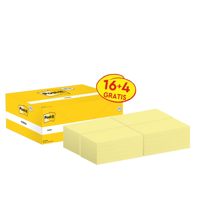 Post-It Pack de 20 blocs de 100 notes autocollantes repositionnables - Forme rectangulaire - 76 x 127 mm - Jaune clair