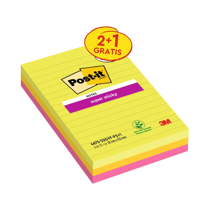Post-It Super Sticky Pack de 3 blocs de 75 notes autocollantes repositionnables - Forme rectangulaire - 101 x 152 mm - Couleurs