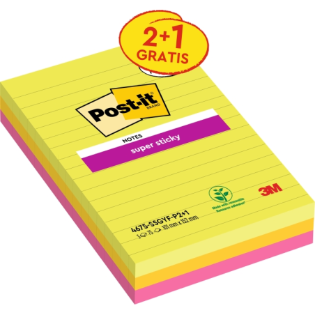 Post-It Super Sticky Pack de 3 blocs de 75 notes autocollantes repositionnables - Forme rectangulaire - 101 x 152 mm - Couleurs