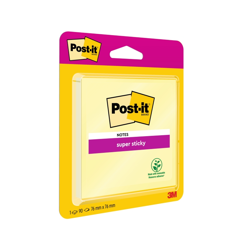 Bloc de 90 notes adhésives repositionnables Post-It Super Sticky - 76 x 76 mm - 100 % PEFC - Jaune clair
