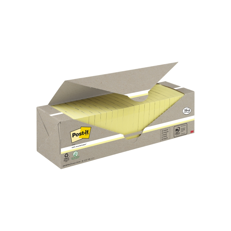Pack de 24 blocs de 100 notes autocollantes recyclées Post-It - Forme carrée - 76 x 76 mm - Jaune clair
