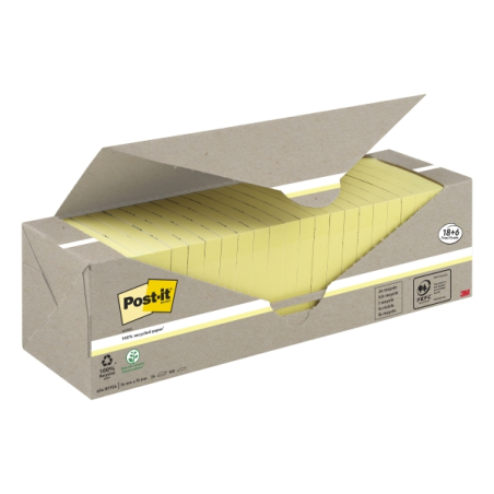 Pack de 24 blocs de 100 notes autocollantes recyclées Post-It - Forme carrée - 76 x 76 mm - Jaune clair