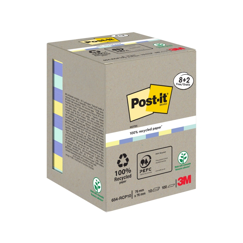 Lot de 10 blocs de 100 notes autocollantes recyclées Post-It - Forme carrée - 76 x 76 mm - Couleurs assorties