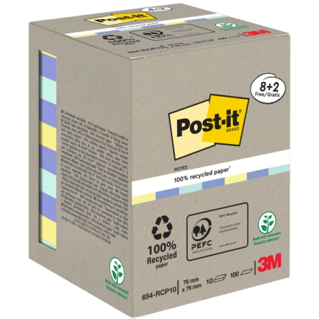 Lot de 10 blocs de 100 notes autocollantes recyclées Post-It - Forme carrée - 76 x 76 mm - Couleurs assorties