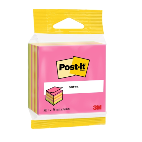 Cube Post-It de 325 notes autocollantes repositionnables - Forme carrée - 76 x 76 mm - Couleurs assorties