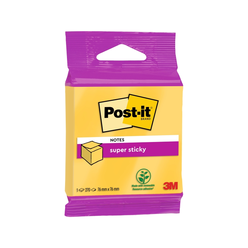 Cube de 270 notes adhésives repositionnables Post-It Super Sticky - Forme carrée - 76 x 76 mm - Couleur jaune