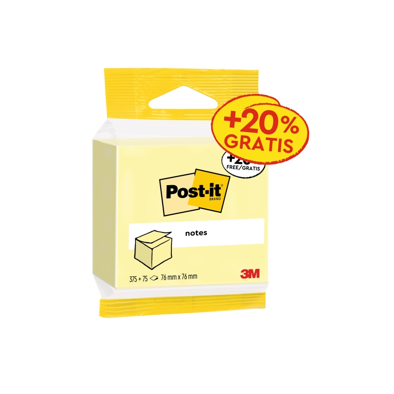 Bloc-notes Post-It de 450 notes autocollantes repositionnables - 76 x 76 mm - 100 % PEFC - Jaune clair