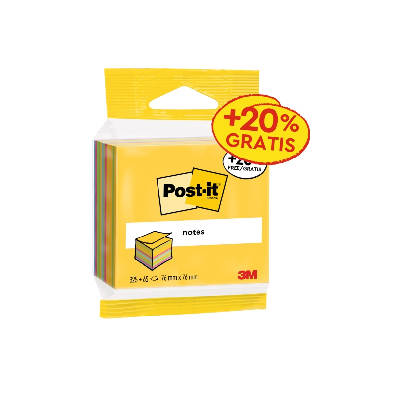 Cube Post-It de 390 notes autocollantes repositionnables - Forme carrée - 76 x 76 mm - Couleurs assorties