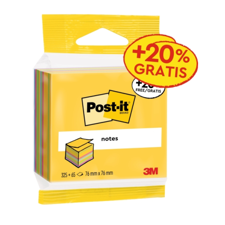 Cube Post-It de 390 notes autocollantes repositionnables - Forme carrée - 76 x 76 mm - Couleurs assorties