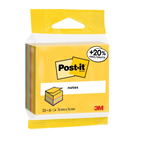 Cube Post-It de 390 notes autocollantes repositionnables - Forme carrée - 76 x 76 mm - Couleurs assorties