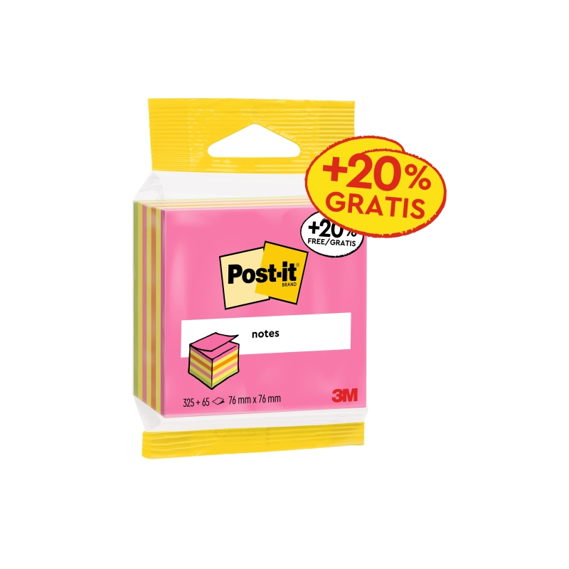 Cube Post-It de 400 notes autocollantes repositionnables - Forme carrée - 76 x 76 mm - Couleurs assorties