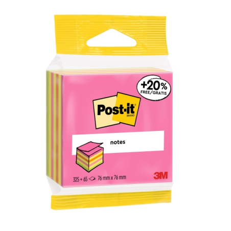 Cube Post-It de 400 notes autocollantes repositionnables - Forme carrée - 76 x 76 mm - Couleurs assorties