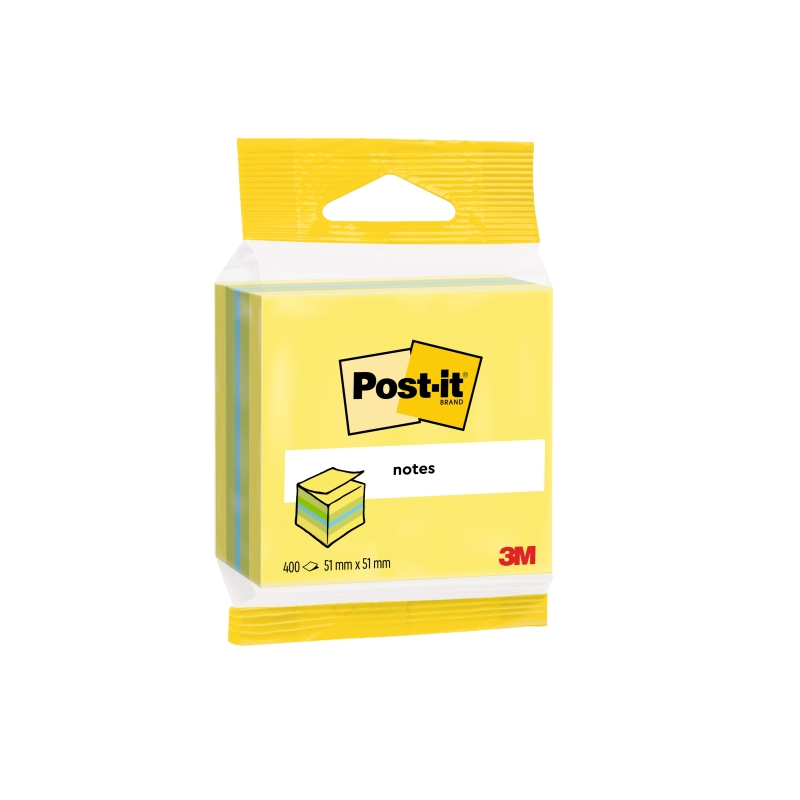 Cube Post-It de 400 notes autocollantes repositionnables - Forme rectangulaire - 51 x 51 mm - Couleurs assorties