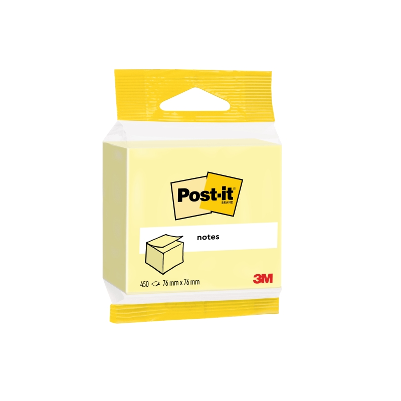 Cube Post-It de 450 notes autocollantes repositionnables - Forme carrée - 76 x 76 mm - Jaune clair