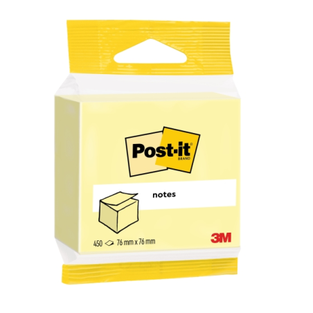 Cube Post-It de 450 notes autocollantes repositionnables - Forme carrée - 76 x 76 mm - Jaune clair