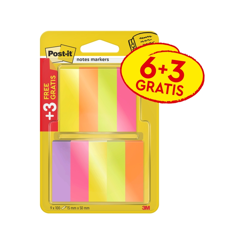 Pack de 9 blocs de 100 marqueurs repositionnables Post-It - Forme rectangulaire - Couleurs assorties