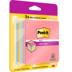 Cube de 400 notes autocollantes repositionnables Post-It Super Sticky - Couleurs arc-en-ciel - 76 x 76 mm - Couleurs assorties