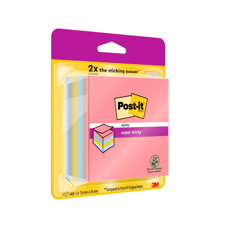 Cube de 400 notes autocollantes repositionnables Post-It Super Sticky - Couleurs arc-en-ciel - 76 x 76 mm - Couleurs assorties