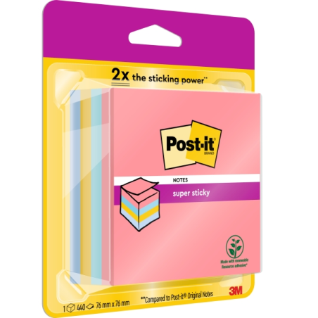 Cube de 400 notes autocollantes repositionnables Post-It Super Sticky - Couleurs arc-en-ciel - 76 x 76 mm - Couleurs assorties
