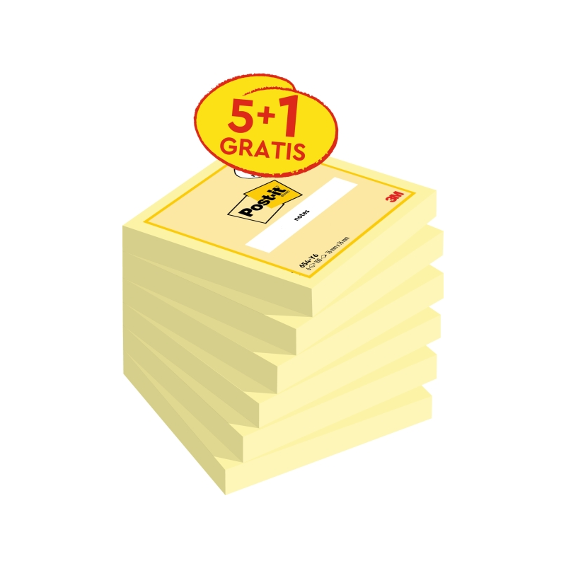 Pack de 6 blocs de 100 notes autocollantes repositionnables Post-It - 76 x 76 mm - Promotion 5 blocs + 1 offert - Jaune clair