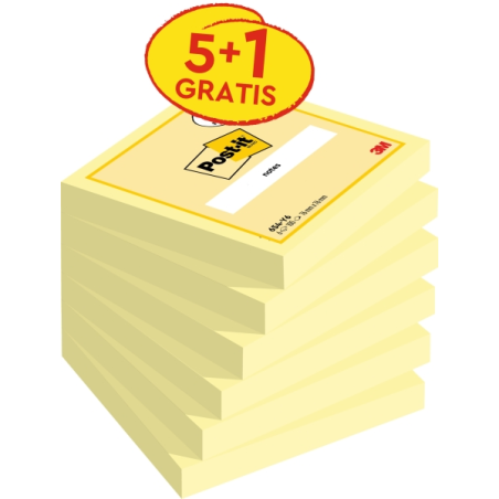 Pack de 6 blocs de 100 notes autocollantes repositionnables Post-It - 76 x 76 mm - Promotion 5 blocs + 1 offert - Jaune clair