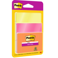 Post-It Super Sticky Pack de 3 blocs de 45 notes autocollantes repositionnables - Forme carrée - Couleurs assorties