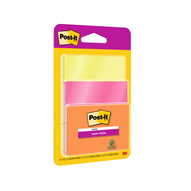 Post-It Super Sticky Pack de 3 blocs de 45 notes autocollantes repositionnables - Forme carrée - Couleurs assorties