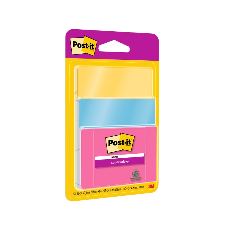 Post-It Super Sticky Pack de 3 blocs de 45 notes autocollantes repositionnables - Forme - Couleurs assorties
