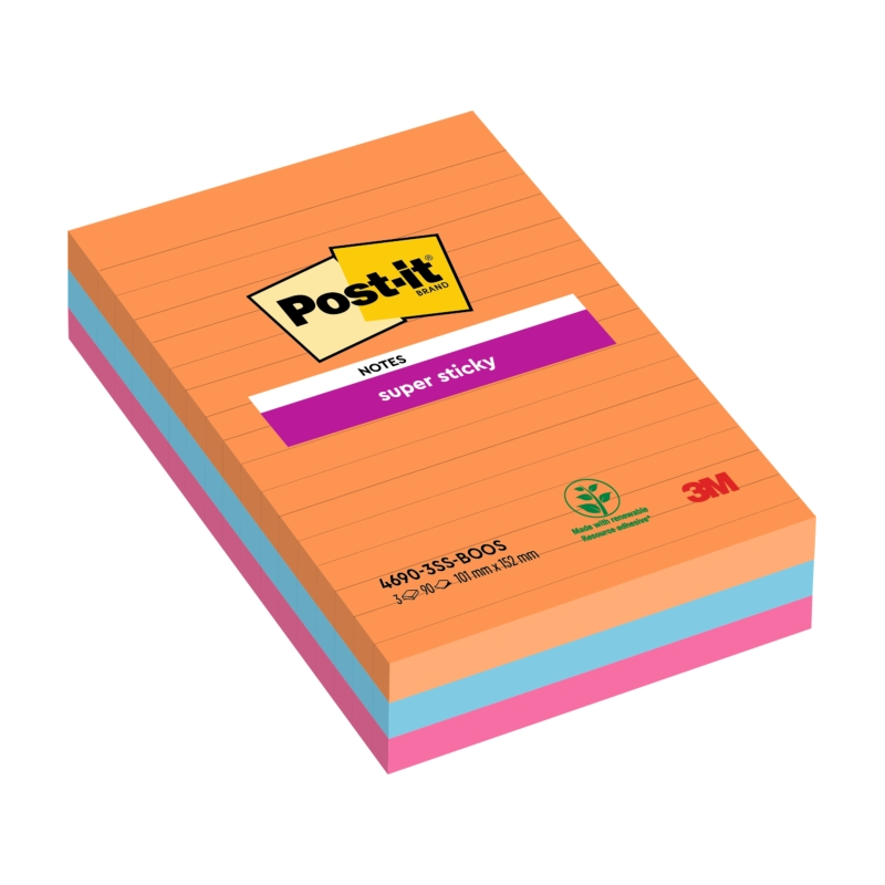 Post-It Super Sticky Pack de 3 blocs de 90 notes autocollantes repositionnables - Forme rectangulaire - 101 x 101 mm - Couleurs