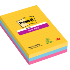 Post-It Super Sticky Pack de 3 blocs de 90 notes autocollantes repositionnables - Forme rectangulaire - 101 x 152 mm - Couleurs