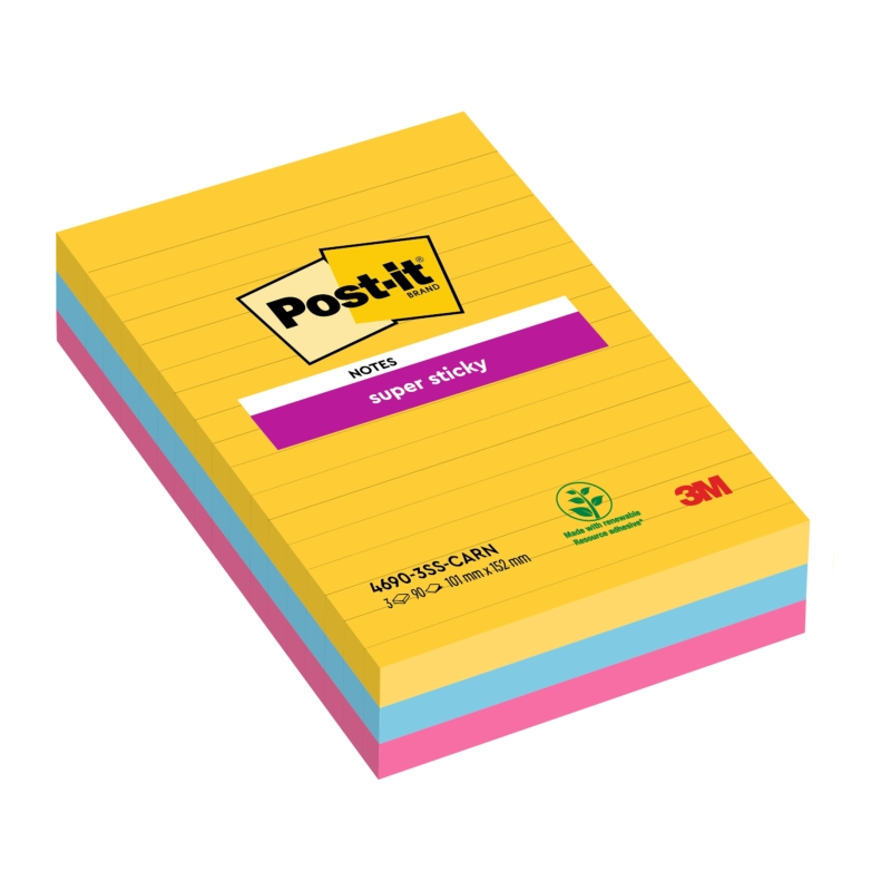 Post-It Super Sticky Pack de 3 blocs de 90 notes autocollantes repositionnables - Forme rectangulaire - 101 x 152 mm - Couleurs