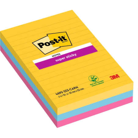 Post-It Super Sticky Pack de 3 blocs de 90 notes autocollantes repositionnables - Forme rectangulaire - 101 x 152 mm - Couleurs