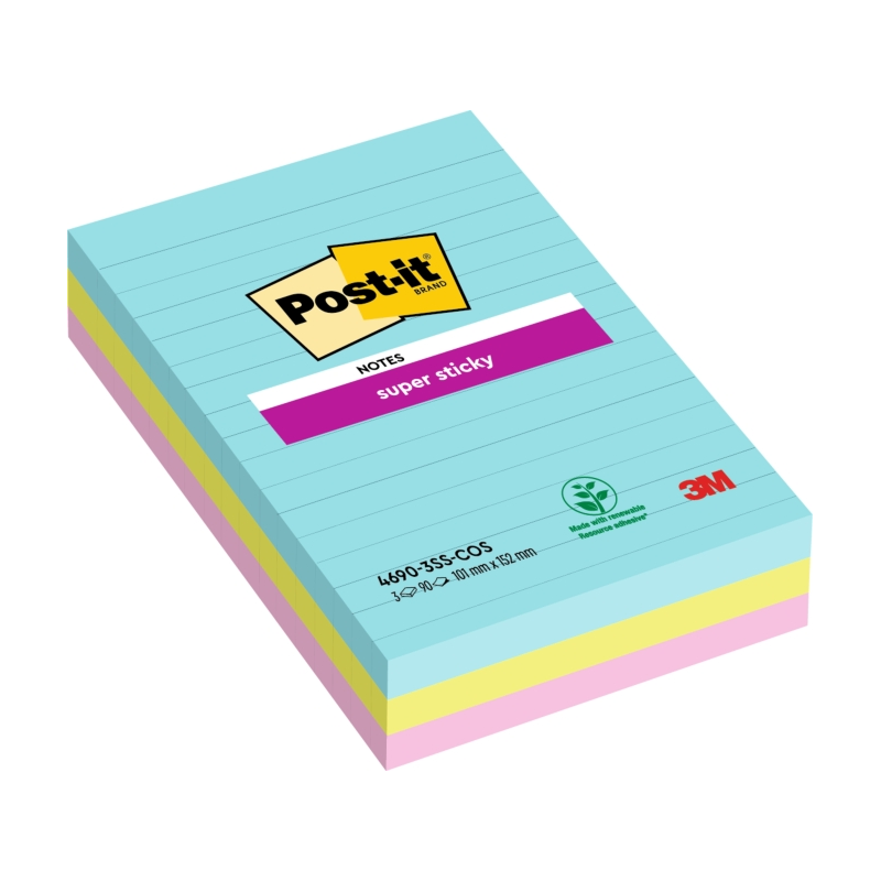 Post-It Super Sticky Pack de 3 blocs de 90 notes autocollantes repositionnables - Forme rectangulaire - 101 x 152 mm - Couleurs