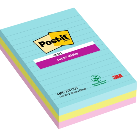Post-It Super Sticky Pack de 3 blocs de 90 notes autocollantes repositionnables - Forme rectangulaire - 101 x 152 mm - Couleurs