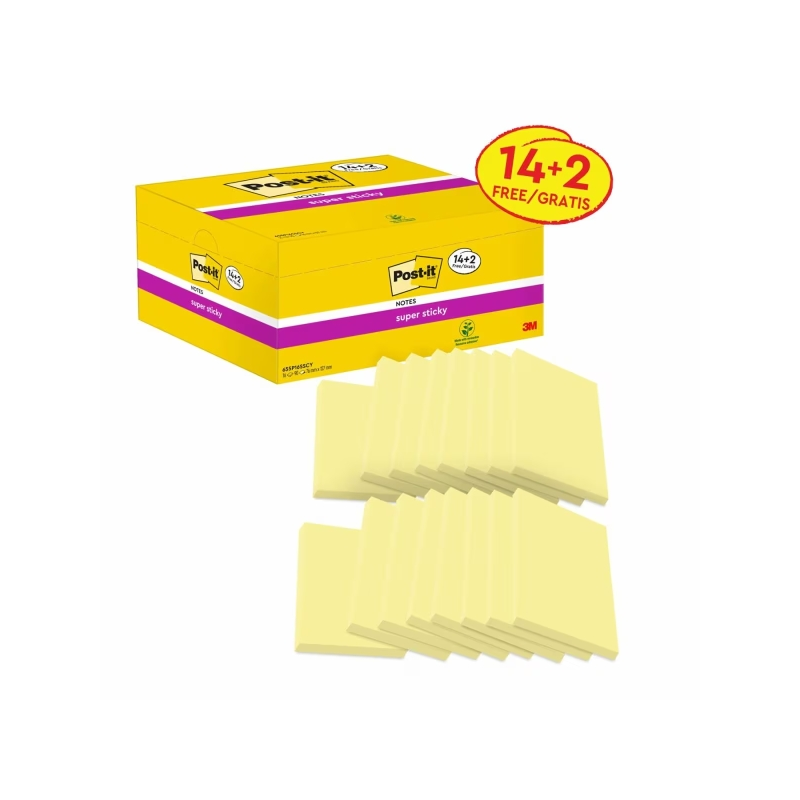 Post-It Super Sticky Pack de 16 blocs de 90 notes autocollantes repositionnables - Forme rectangulaire - 76 x 127 mm - Jaune cla