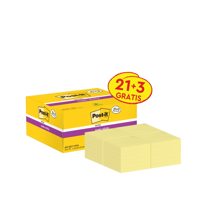 Post-It Super Sticky Pack de 24 blocs de 90 notes autocollantes repositionnables - 47,6 x 47,6 mm - Promotion 21 blocs + 3 offer