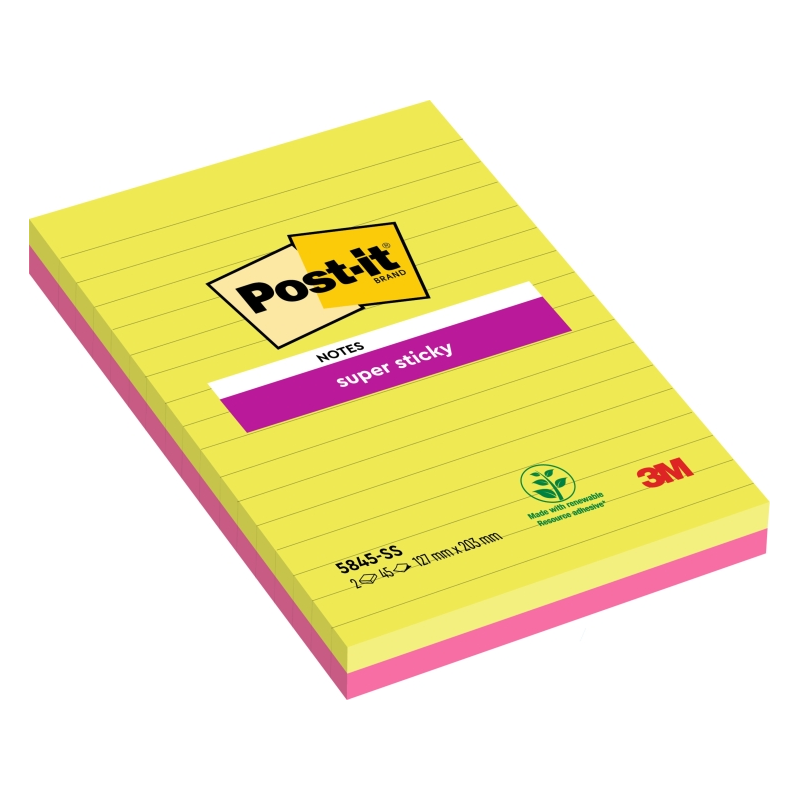 Post-It Super Sticky Pack de 2 blocs de 45 notes autocollantes repositionnables - Forme rectangulaire - 203 x 127 mm - Couleurs