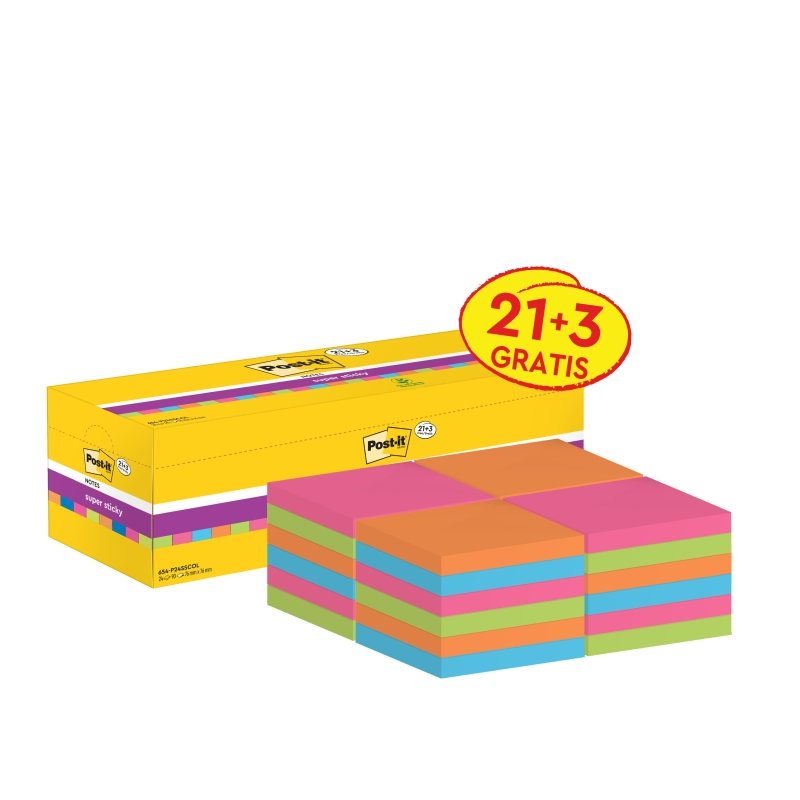 Post-It Super Sticky Pack de 24 blocs de 90 notes autocollantes repositionnables - 76 x 76 mm - Promotion 21 blocs + 3 gratuits