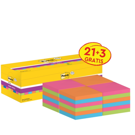 Post-It Super Sticky Pack de 24 blocs de 90 notes autocollantes repositionnables - 76 x 76 mm - Promotion 21 blocs + 3 gratuits