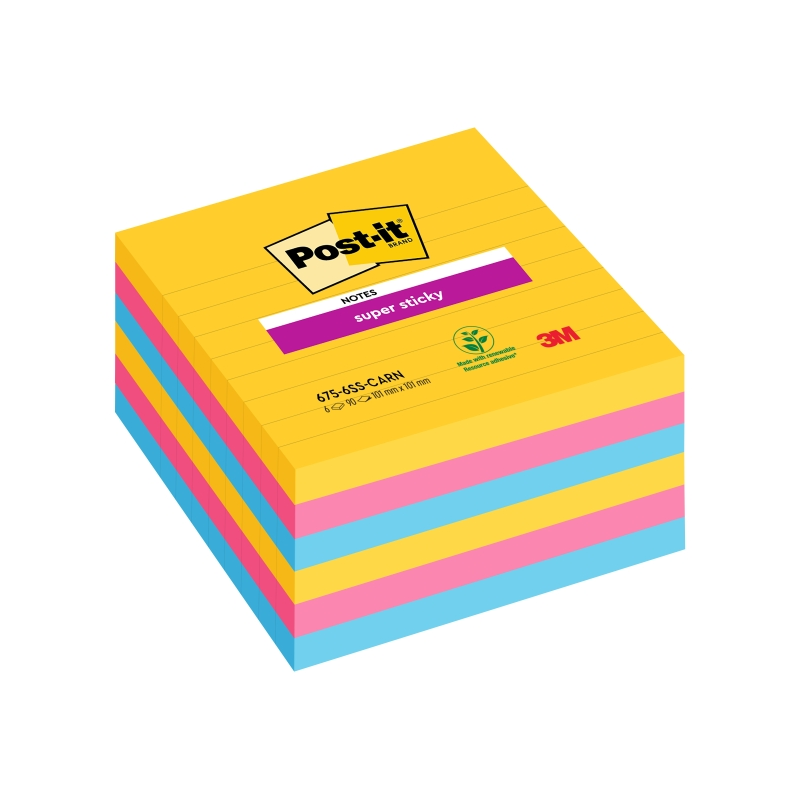 Post-It Super Sticky Pack de 6 blocs de 90 notes autocollantes repositionnables - Forme carrée - 101 x 101 mm - Couleurs assorti