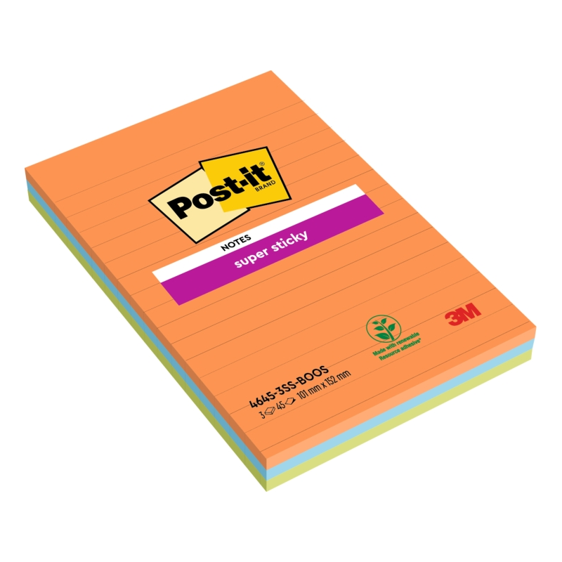 Post-It Super Sticky Pack de 3 blocs de 45 notes autocollantes repositionnables - Forme rectangulaire - 101 x 152 mm - Couleurs
