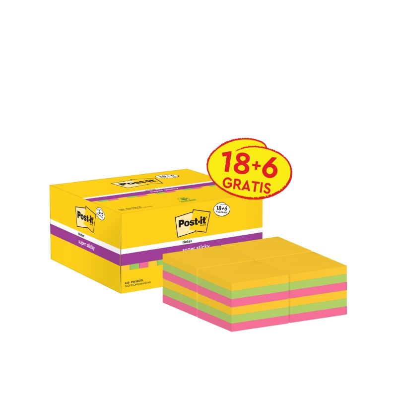 Post-It Super Sticky Pack de 24 blocs de 90 notes autocollantes repositionnables - 47,6 x 47,6 mm - Promotion 18 blocs + 6 gratu