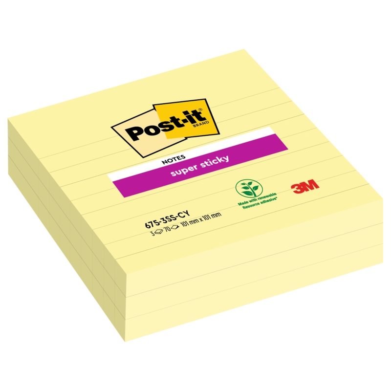 Post-It Super Sticky Pack de 3 blocs de 70 grandes notes adhésives repositionnables - 101 x 101 mm - Jaune clair