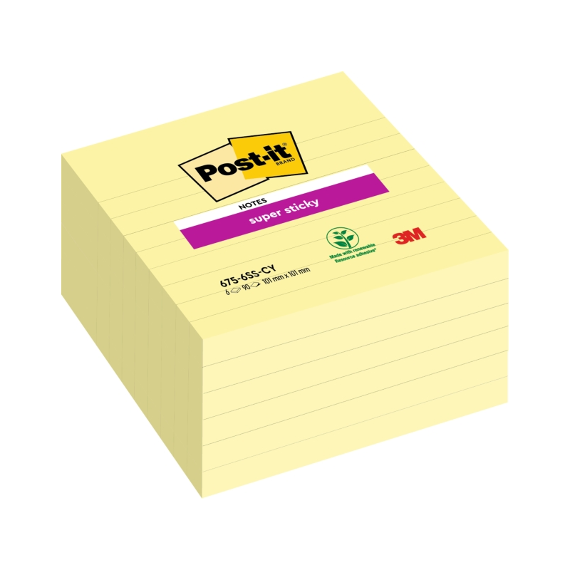 Post-It Super Sticky Pack de 6 blocs de 90 grandes notes adhésives repositionnables - 101 x 101 mm - Jaune clair
